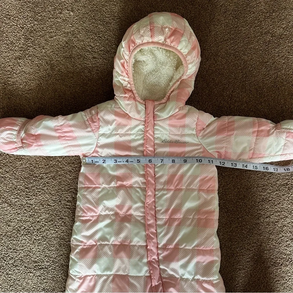 Eddie Bauer Infant Girls Pink Checkered Puffer Snowsuit 6-9M Hooded Sherpa Lined